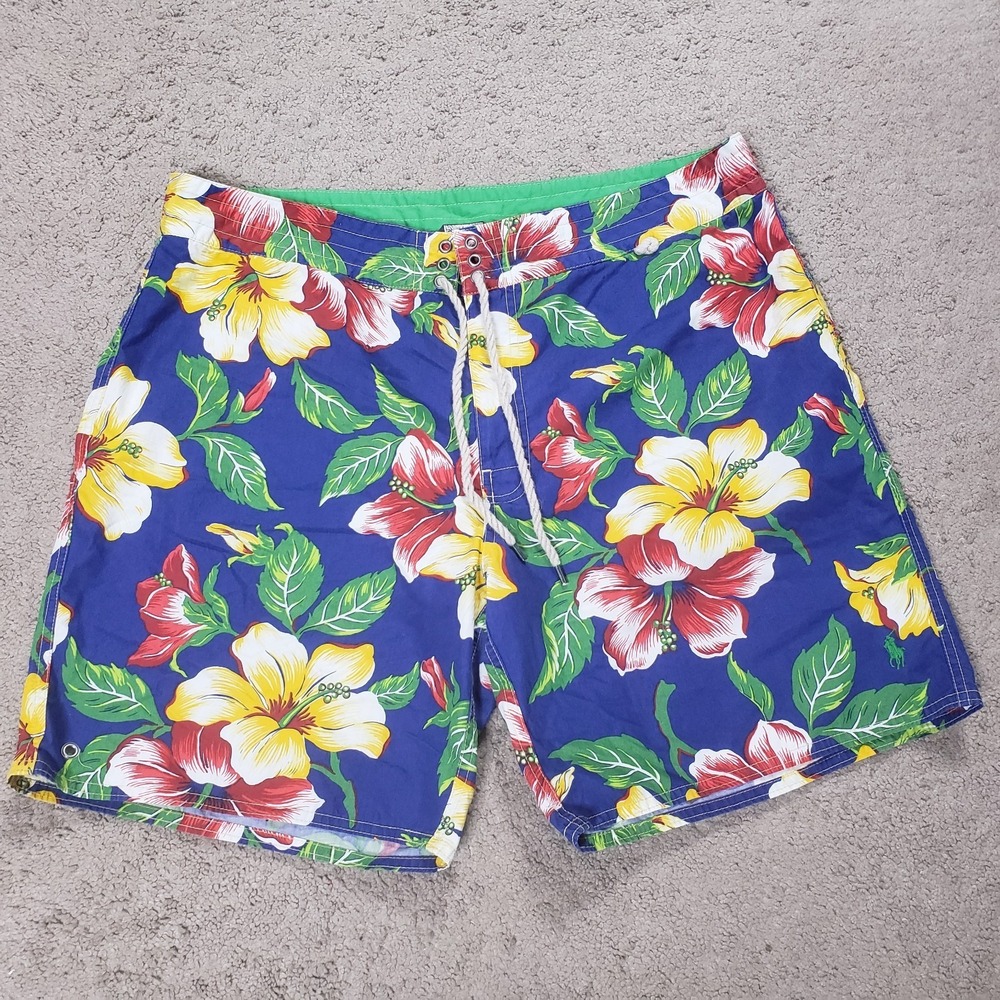 Polo Ralph Lauren Swim Trunks Men 38 Navy Floral AOP Beach Rope Drawstring - Picture 2 of 13